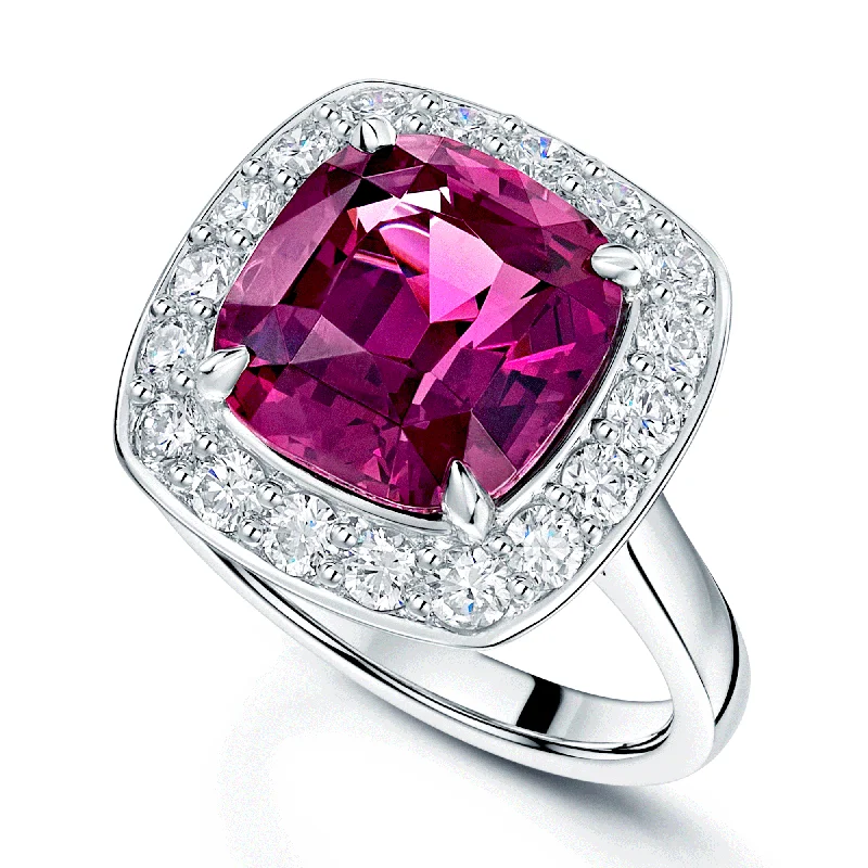 Ruby engagement rings for women-Platinum Cushion Cut Rhodolite Garnet And Round Brilliant Cut Diamond Halo Ring