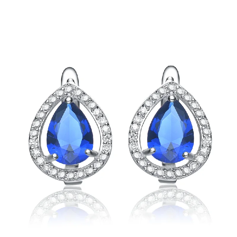 Luxury hoop earrings for women-Cubic Zirconia Sterling Silver Rhodium Plated Sapphire Tear Shape Earrings