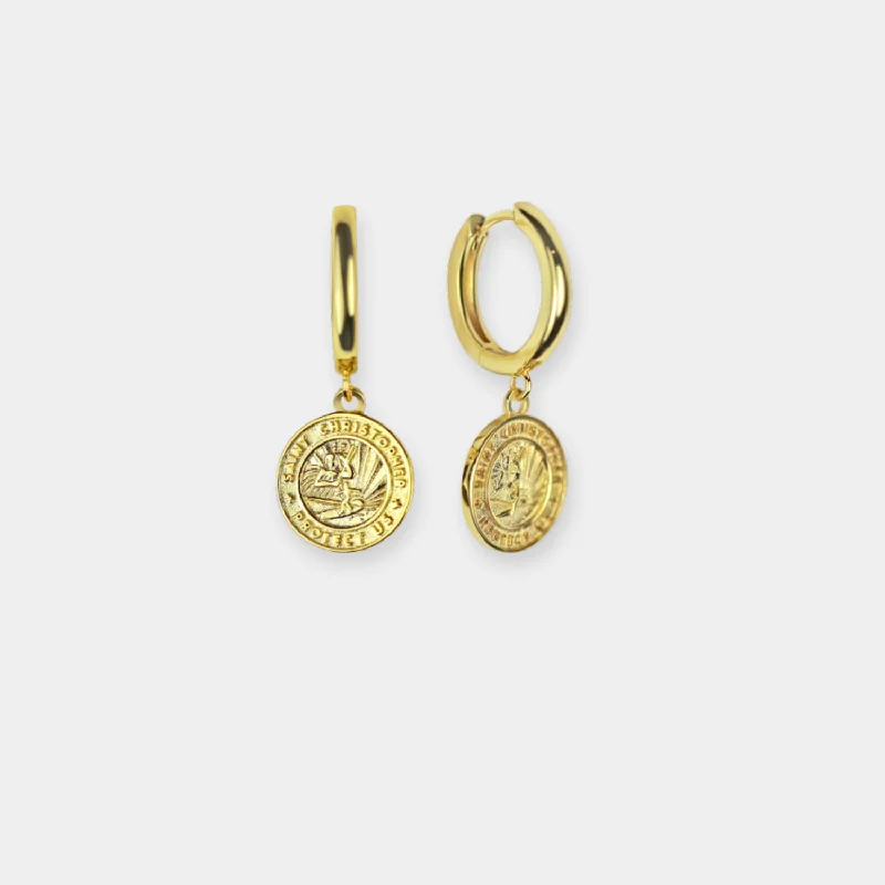 Fancy earrings for women-Gold St. Christopher Earrings