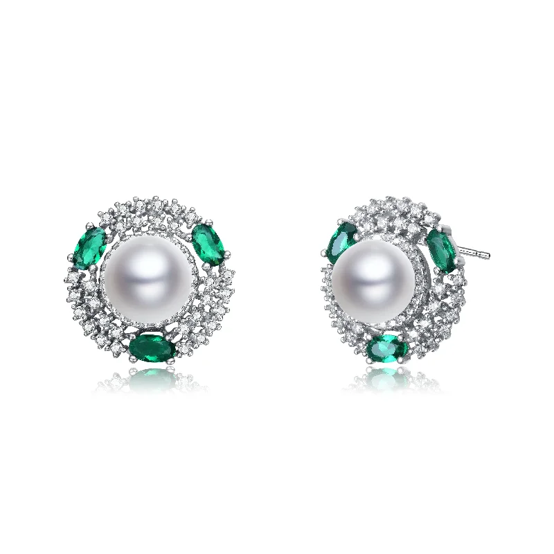 Gold flower earrings for women-Sterling Silver Pearl Emerald Cubic Zirconia and Rhodium Plating Stud Earrings