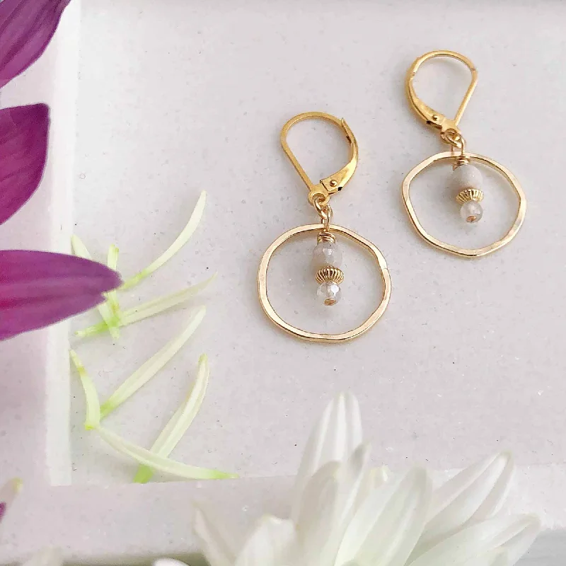 Unique gold earrings for women-Sunrise Moonstone and Gold Circle Earrings