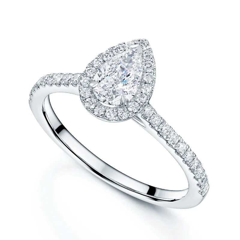 Elegant engagement rings for women-Platinum GIA Certificated Pear cut Diamond Halo Ring With Diamond Set Shoulders