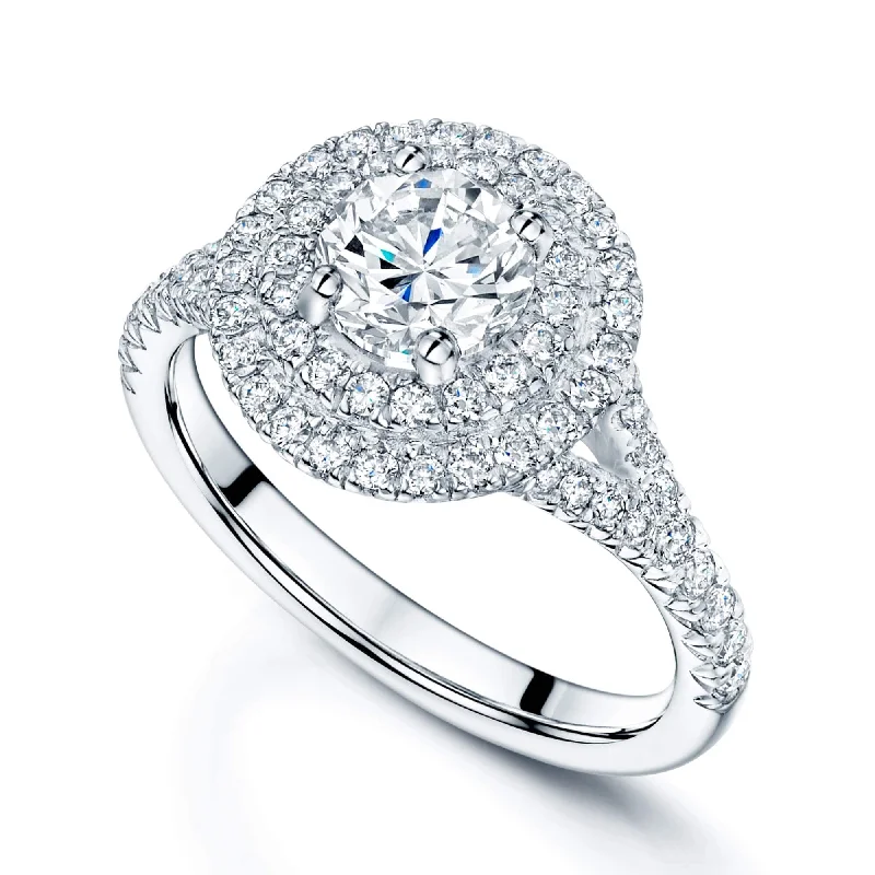 Two-tone engagement rings for women-Platinum GIA Diamond Double Halo Ring with Split Diamond Shoulders