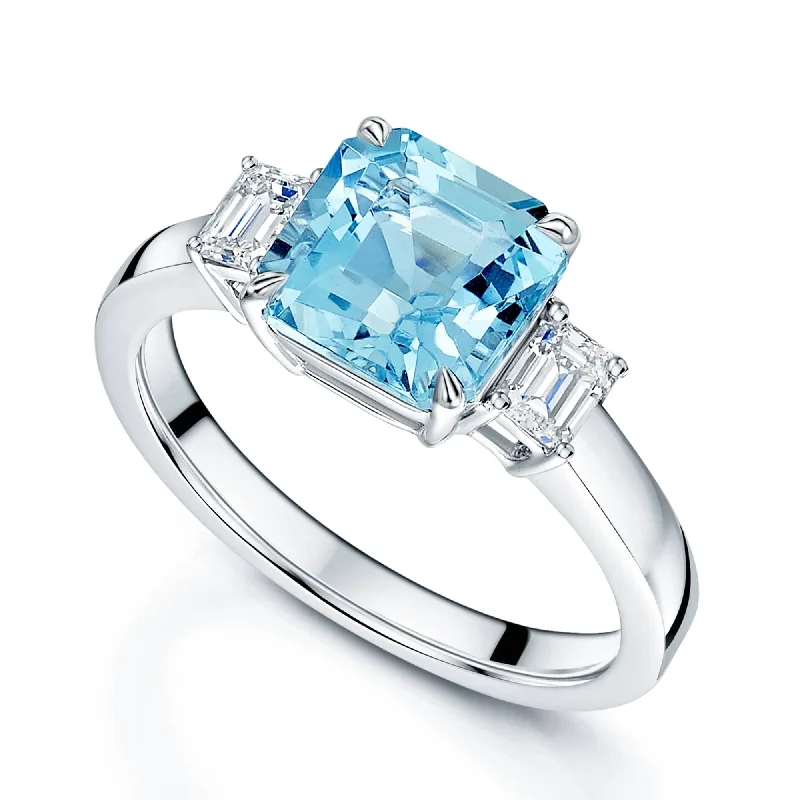 Simple engagement rings for women-18ct White Gold Aquamarine & Diamond Three Stone Ring