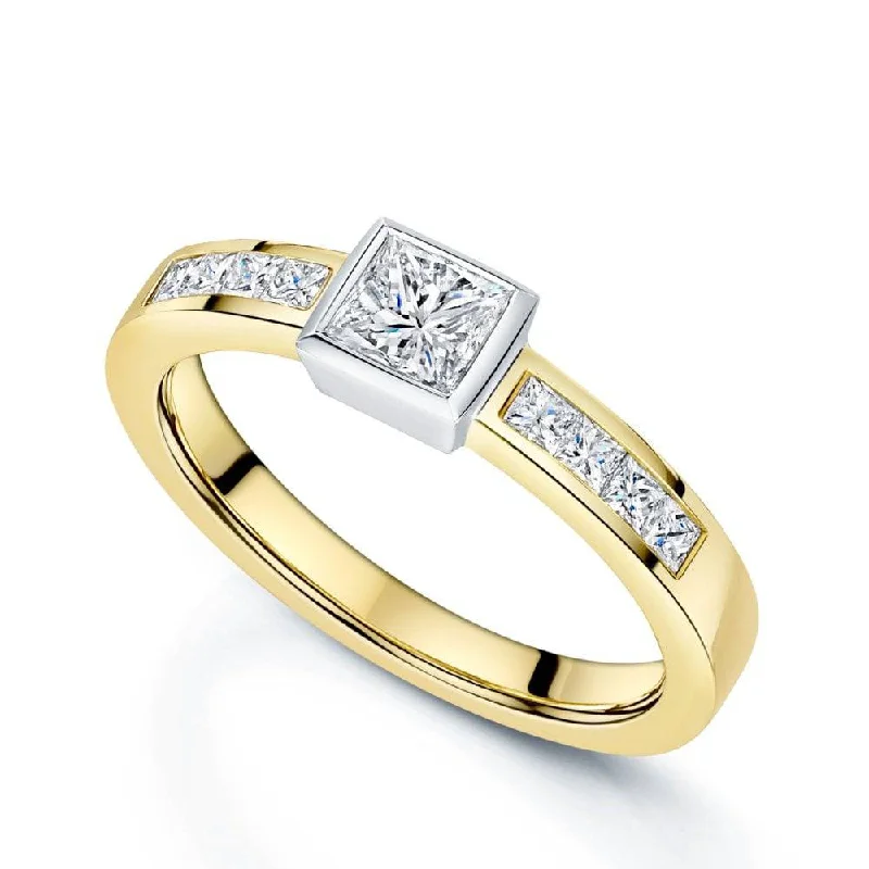 Oval engagement rings for women-18ct Yellow Gold Princess Cut Diamond Rub-Over Set Ring With Diamond Set Shoulders