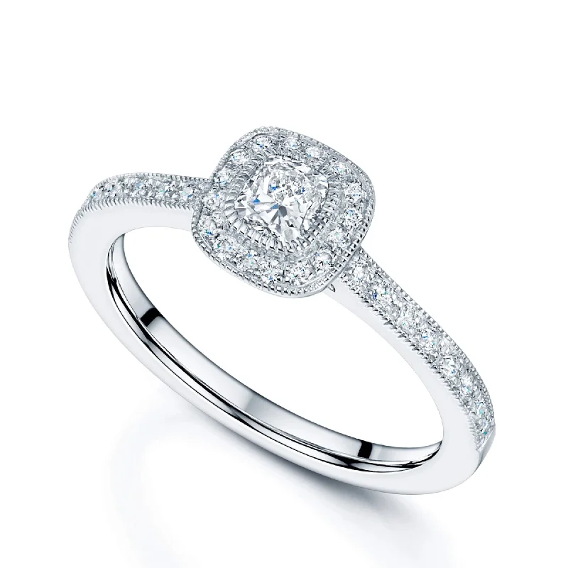 Elegant solitaire engagement rings for women-Platinum Cushion Cut Diamond Halo Ring With Diamond Set Millgrain Edge Shoulders