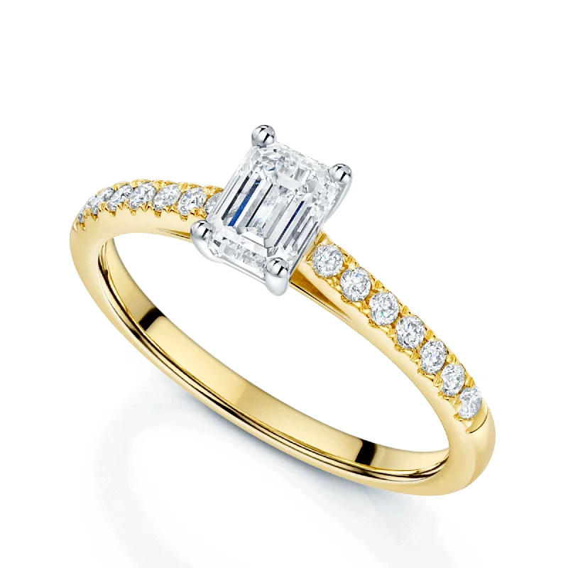 Vintage engagement rings for women-18ct Yellow Gold Emerald Cut Diamond Single Stone Ring With Diamond Shoulders