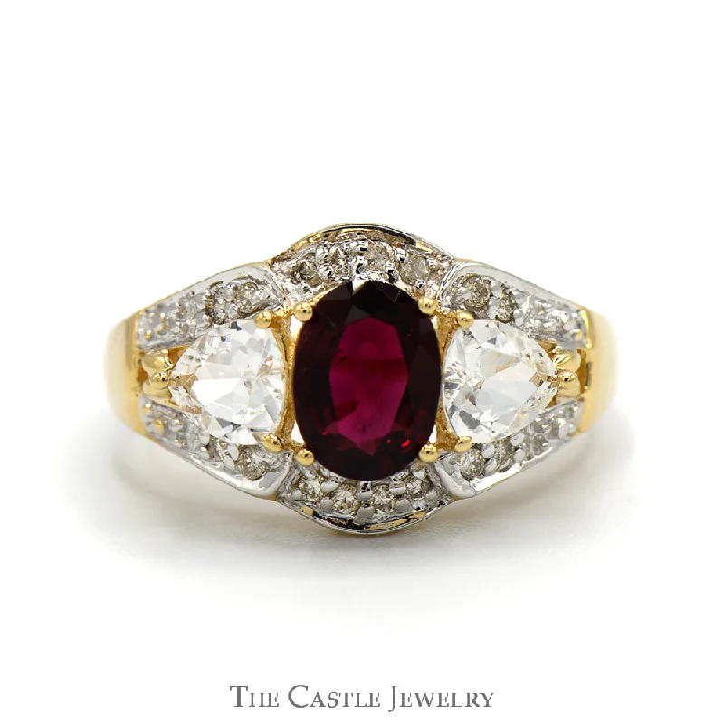 Art deco ring for women-Oval Cut Rhodalite Garnet Ring with Trillion Cut Cubic Zirconia & Diamond Accents in 14k Yellow Gold