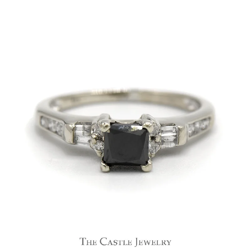 Handcrafted ring for women-Princess Cut Black Diamond Engagement Ring with Round & Baguette Diamond Accents in 14k White Gold