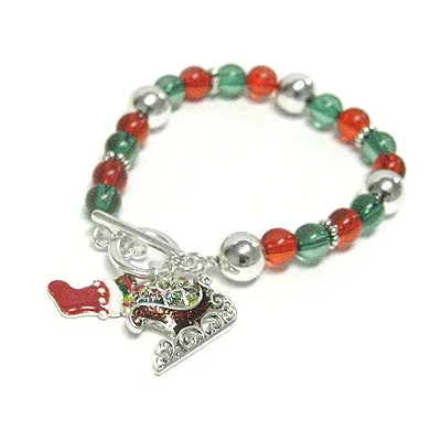 Birthstone bracelet for women-Green And Red Beaded Christmas Stretch Charm Bracelet