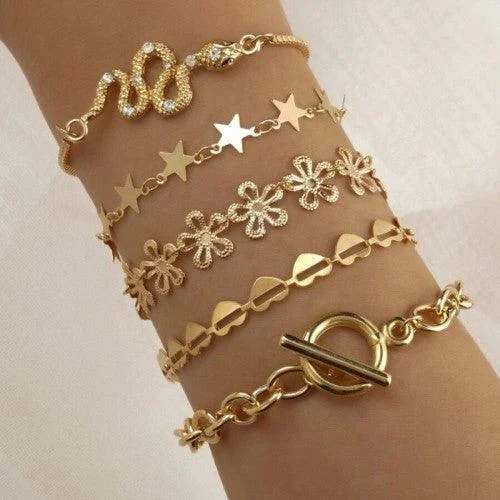 Geometric bracelet for women-AD Set Of 5 Wrap Around Golden Bracelets