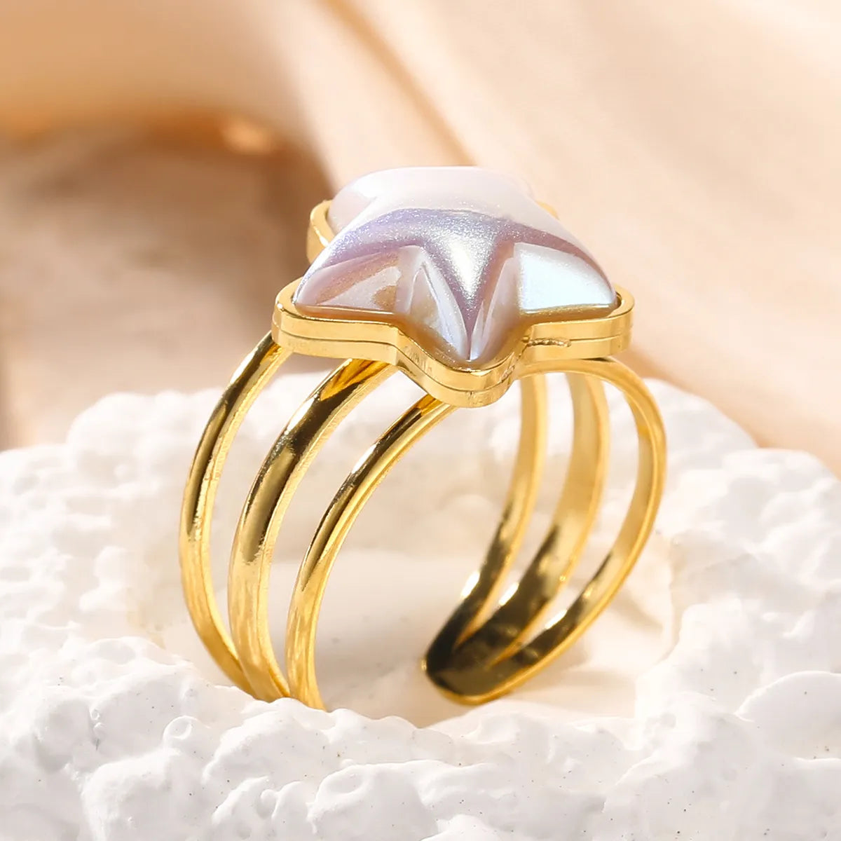 Custom gold ring for women-Cute Double Ring Star Stainless Steel Plating Inlay Shell Gold Plated Open Rings