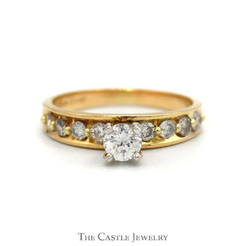 Cocktail ring for women-Round Diamond Engagement Ring with Diamond Accented Sides in 14k Yellow Gold