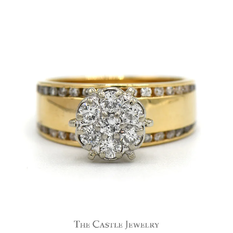 Custom ring for women-3/4cttw 7 Diamond Cluster Ring with Channel Set Diamond Accents in 14k Yellow Gold