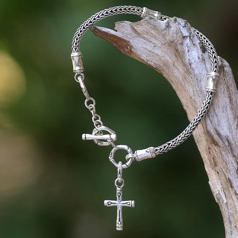 Handmade bracelet for women-Bamboo Spiritual Hand Crafted Sterling Silver Cross Charm Bracelet from Bali