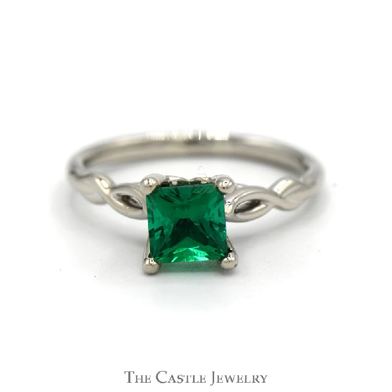 Stackable ring for women-Princess Cut Synthetic Emerald Solitaire Ring in 14k White Gold Twisted Mounting