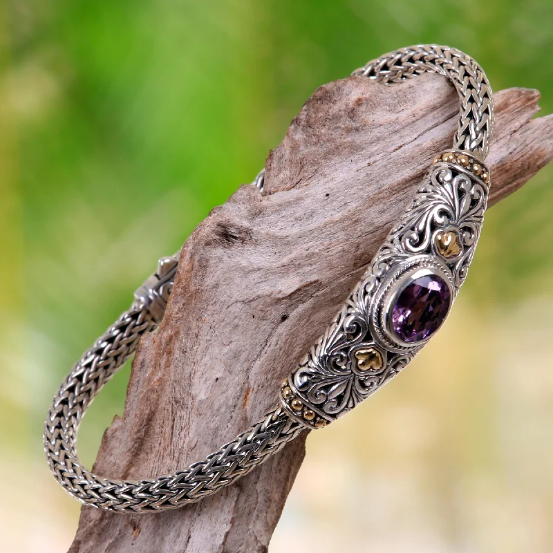 Crystal bangles for women-Bedugul Garden Handcrafted Balinese Gold Accent Silver Amethyst Bracelet