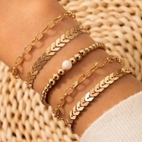 Custom charm bracelet for women-Set Of 5 Wrap Around Golden Bracelets