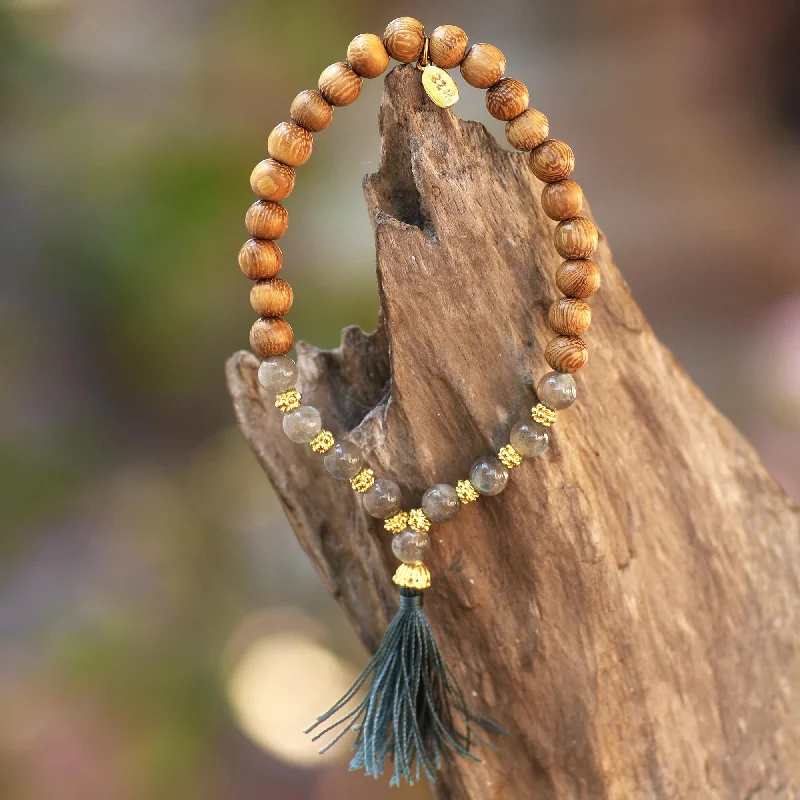 Personalized gold bracelet for women-Batuan Harmony Gold Accented Labradorite and Wood Beaded Stretch Bracelet