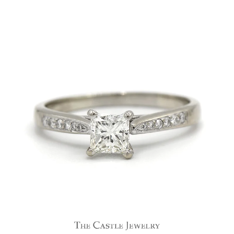 Fashion ring for women-Princess Cut Diamond Engagement Ring with Diamond Accented Sides in 10k White Gold