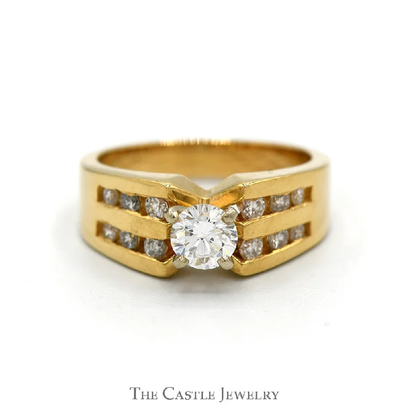 Statement ring for women-Round Diamond Solitaire Engagement Ring with Channel Set Diamond Sides in 14k Yellow Gold