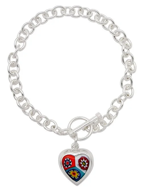 Beaded bracelet for women-7" Sterling Silver Toggle Bracelet with Italian Glass Millefiori Heart Charm