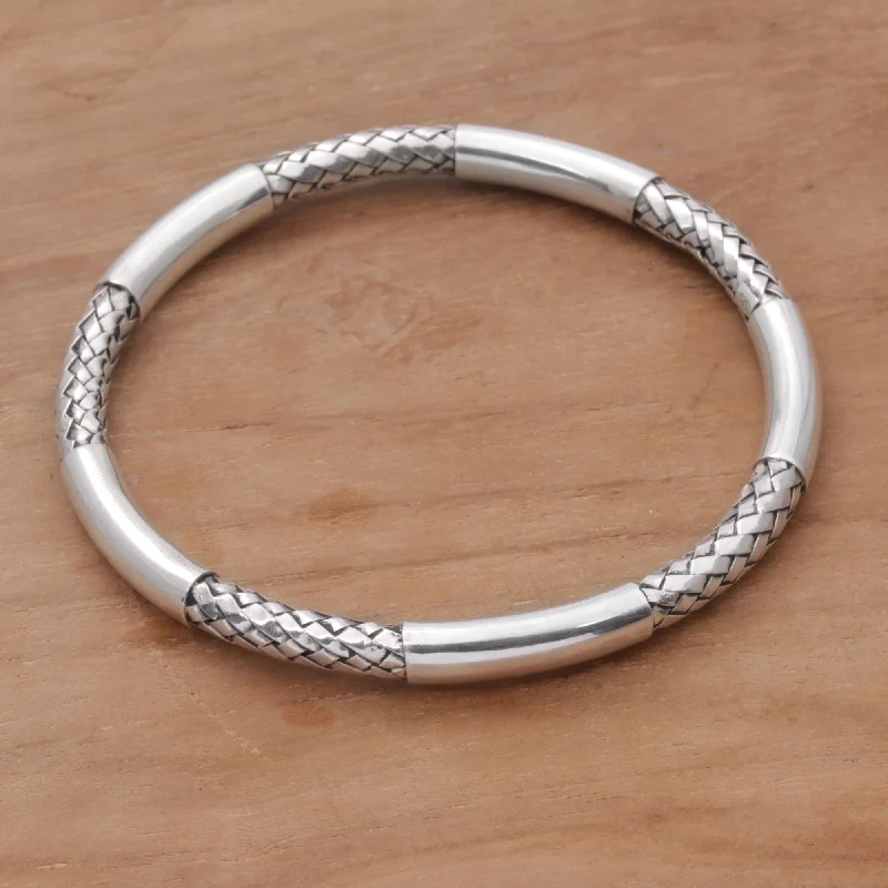 Gold bangle for women-Bali Show Sterling Silver Woven Motif Bangle Bracelet by Bali Artisans