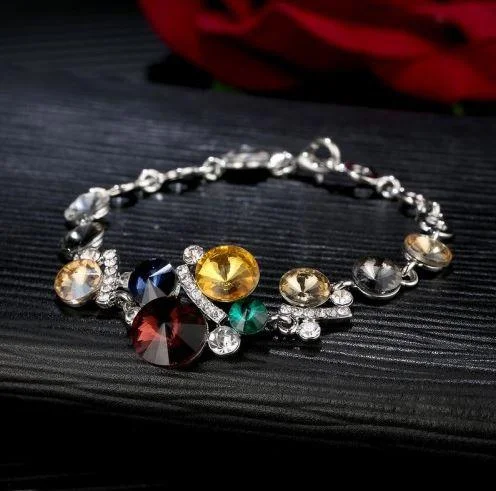 Birthstone charm bracelet for women-Platinum Plated Multicolor Crystal Bracelet Silver