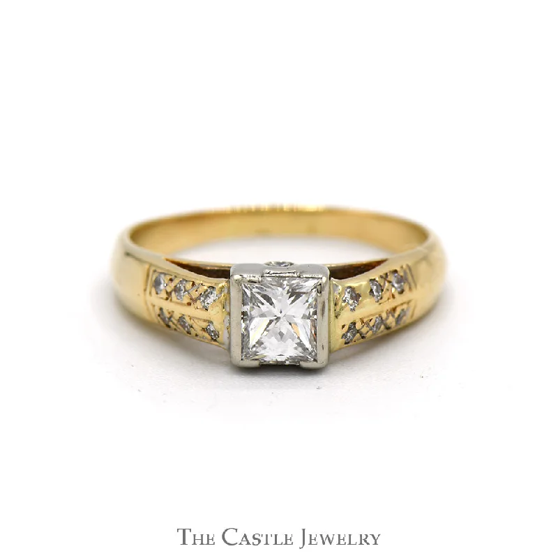 Statement engagement ring for women-3/4cttw Tension Set Princess Cut Diamond Engagement Ring with Accented Sides in 14k Yellow Gold