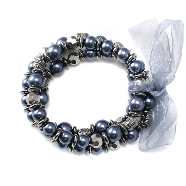 Birthstone charm bracelet for women-Dreamy Grey Classic Pearl Friendship Stretch Bracelet Set of 3