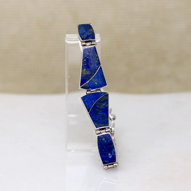 Luxury diamond bracelet for women-Elegant Lapis Inlay & 950 Silver Panel Bracelet