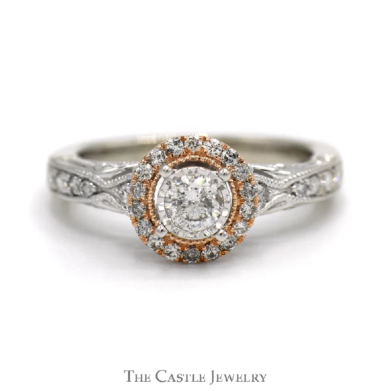 Elegant ring for women-1/2cttw Round Diamond Engagement Ring with Diamond Halo and Diamond Accented Sides in 14k Rose & White Gold