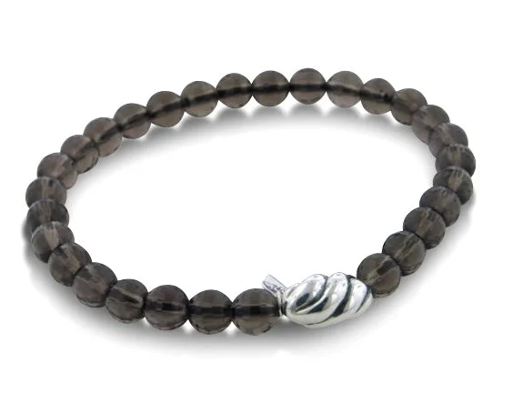 Statement bracelet for women-Beaded Smoky Quartz Sterling Silver Stretch Bracelet 7" Long