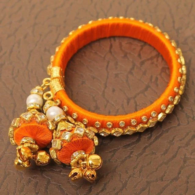 Colorful bracelet for women-Designer Kundan Silk thread Adjustable Bracelet With Latkan Yellow