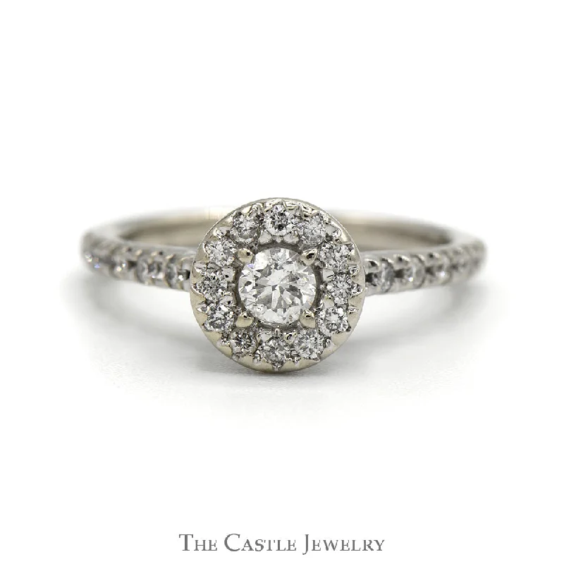 Engagement ring for women-1/2cttw Round Diamond Engagement Ring with Diamond Halo and Accented Sides in 14k White Gold