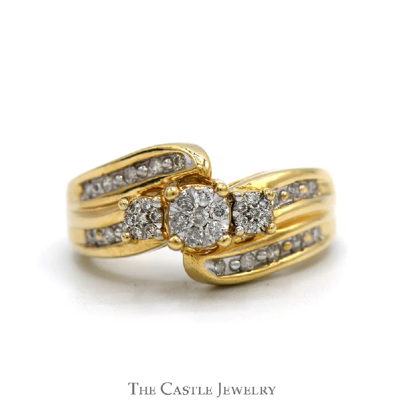 Yellow gold ring for women-1/3cttw Triple Diamond Cluster Ring with Accented sides in 10k Yellow Gold