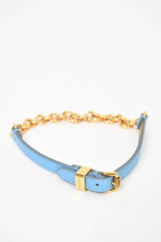 Cuff bracelet for women-Burberry Blue Leather/Gold Toned Double Wrap Bracelet