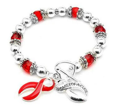 Luxury gold bracelet for women-AIDS Awareness Ribbon Red Stretch Heart Toggle Bracelet