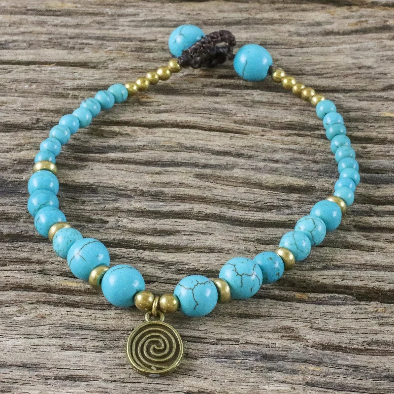 Gemstone bangle for women-Andaman Waves Turquoise Colored Bead Bracelet with Brass Charm