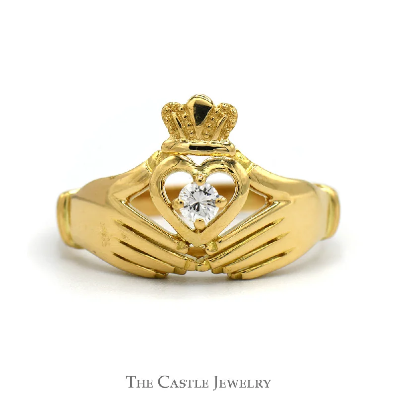 Pink sapphire ring for women-.15ct Diamond Accented Irish Claddagh Ring in 18k Yellow Gold