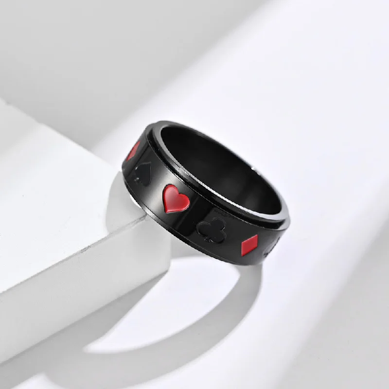 Minimalist ring for women-Fashion Spade Red Peach Plum Blossom Square Playing Card Pattern Titanium Steel Rotatable Ring