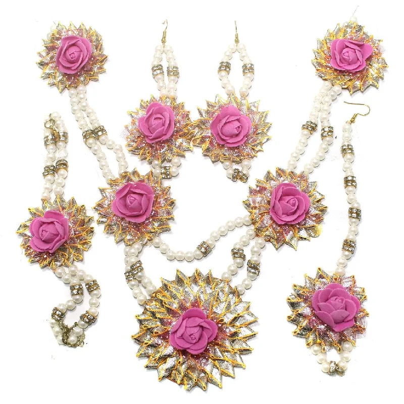 Gold charm bracelet for women-Gotta Patti Necklace Set with Maang Tikka, Earrings, Ring and Bracelet Pink