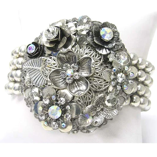 Designer charm bracelet for women-Aurora Borealis Flowered Corsage with Multi-Strand Silvertone Stretch Bracelet