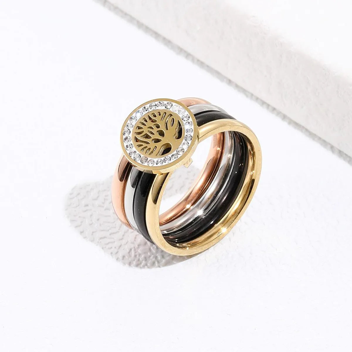 Yellow gold ring for women-Vintage Style Tree Stainless Steel Rings Inlay Zircon Stainless Steel Rings 1 Piece