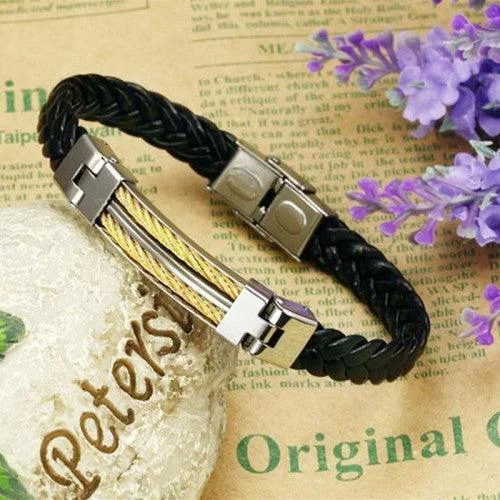 Pearl bangle for women-Stainless Steel Wrap Cuff Clasp Black Leather Bracelet