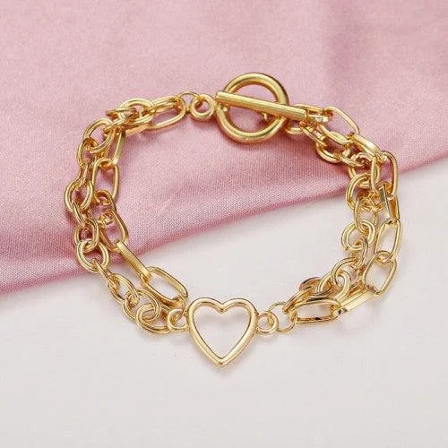 Simple silver bracelet for women-Gold Plated Heart Chain Bracelet