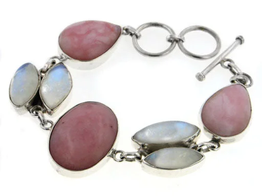 Gold bangle for women-Sterling Silver Pink Opal w/ Rainbow Moonstone Bracelet