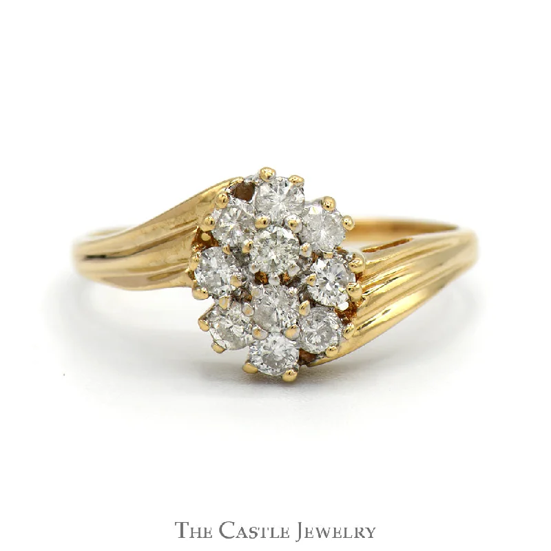 Oval engagement ring for women-Oval Shaped 1/2cttw Diamond Cluster Ring in 14k Yellow Gold Bypass Mounting