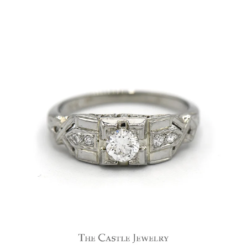 Cocktail ring for women-Antique Style Round Diamond Ring with Diamond Accents in 18k White Gold