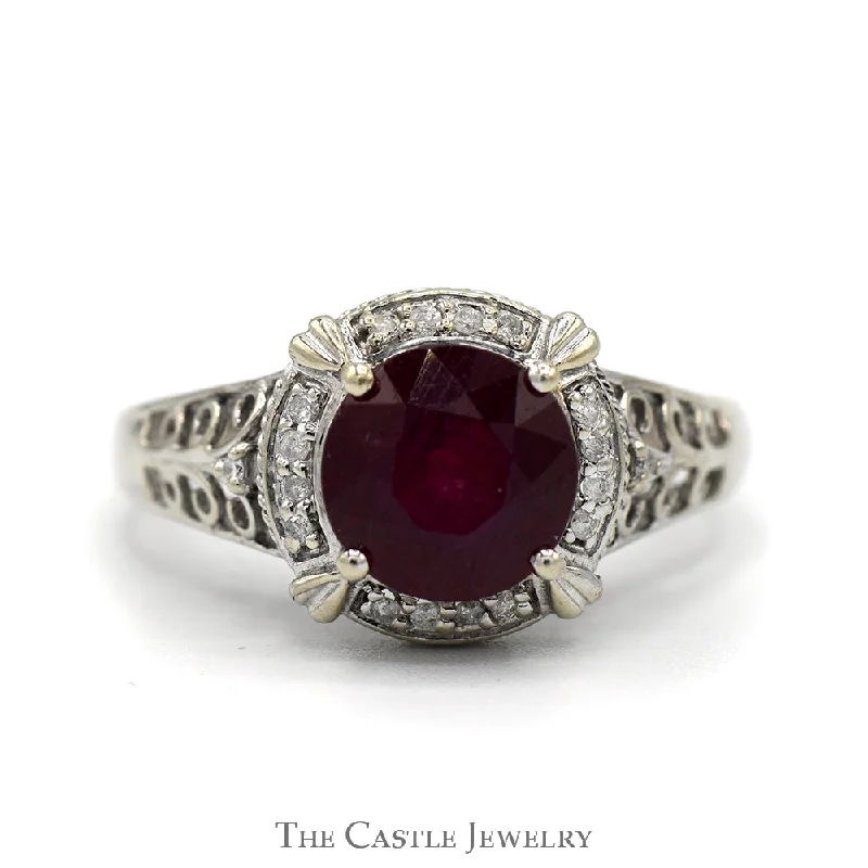 Silver engagement ring for women-Round Ruby Ring with Diamond Bezel and Scrollwork Sides in 10k White Gold